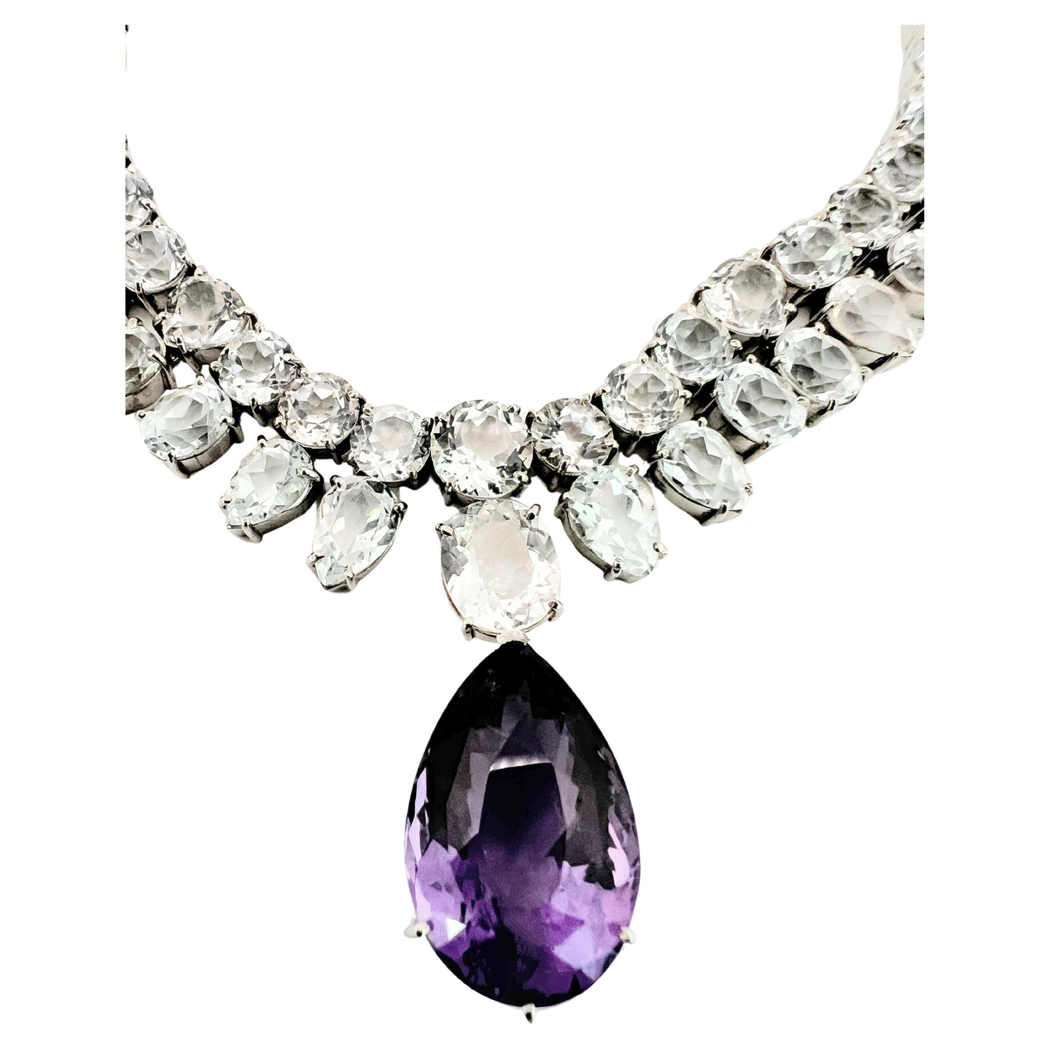 10ct Pear Cut Amethyst and Topaz Necklace Platinum-Coated Sterling Silver For Sale 1