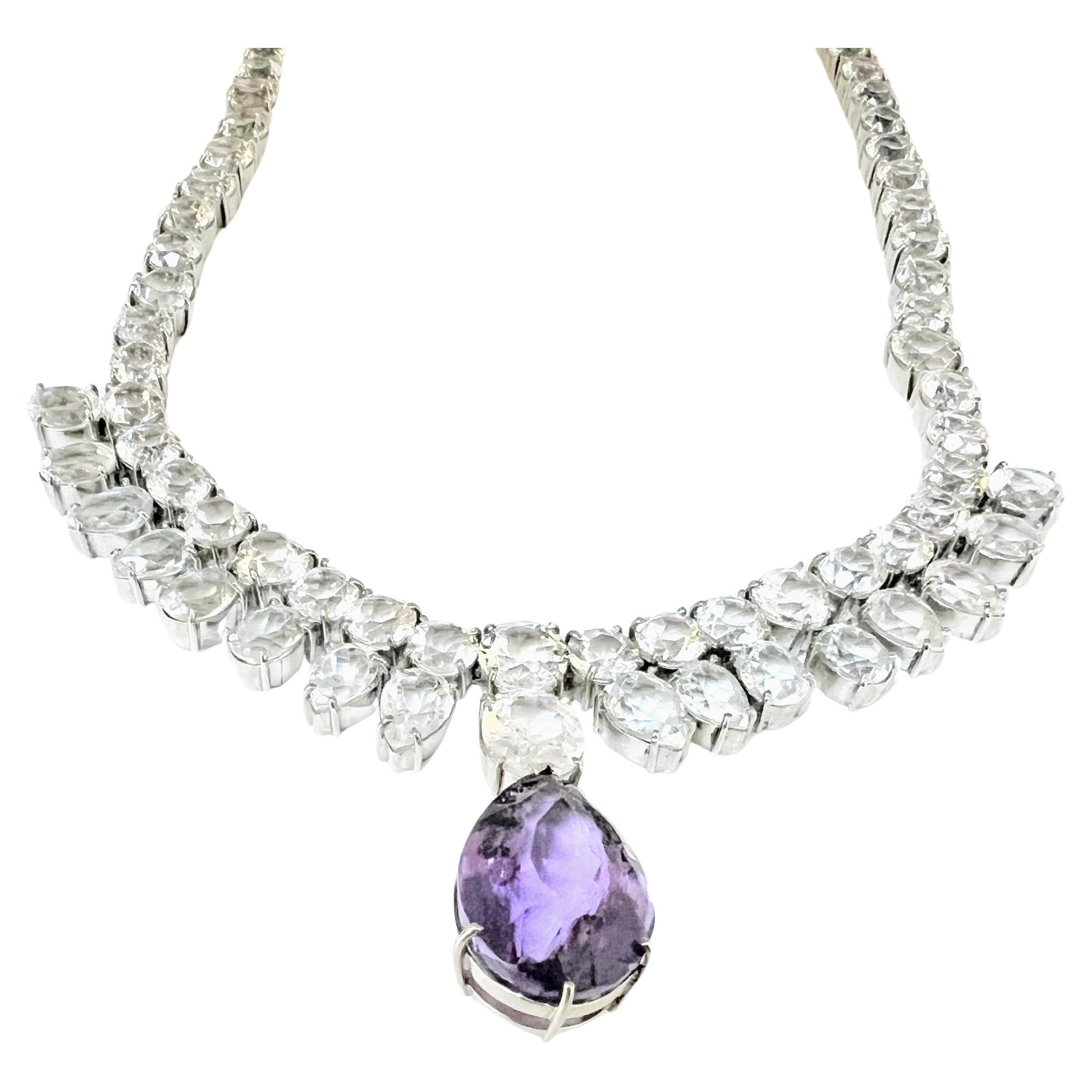 Women's 10ct Pear Cut Amethyst and Topaz Necklace Platinum-Coated Sterling Silver For Sale