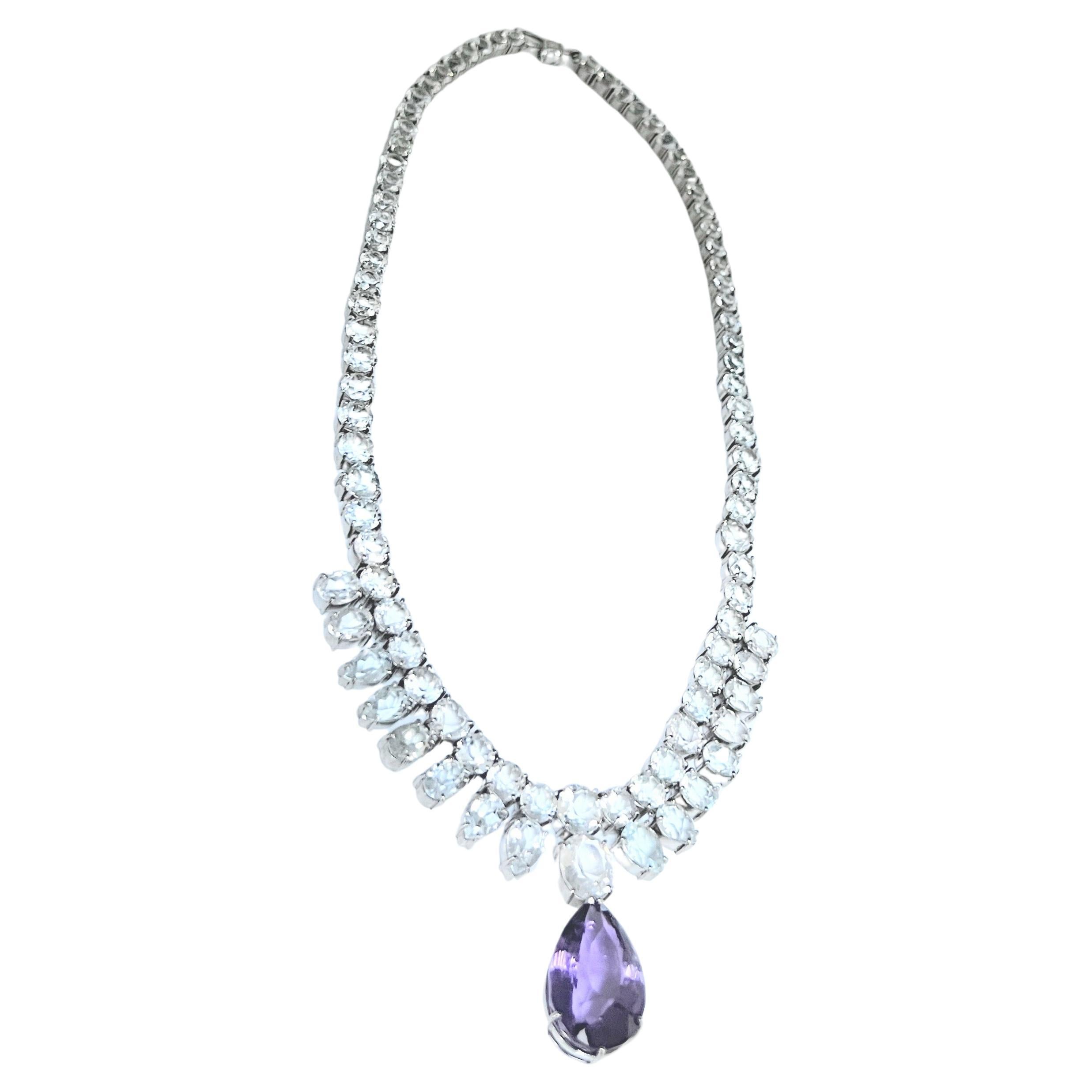 10ct Pear Cut Amethyst and Topaz Necklace Platinum-Coated Sterling Silver In New Condition For Sale In Lanham, MD