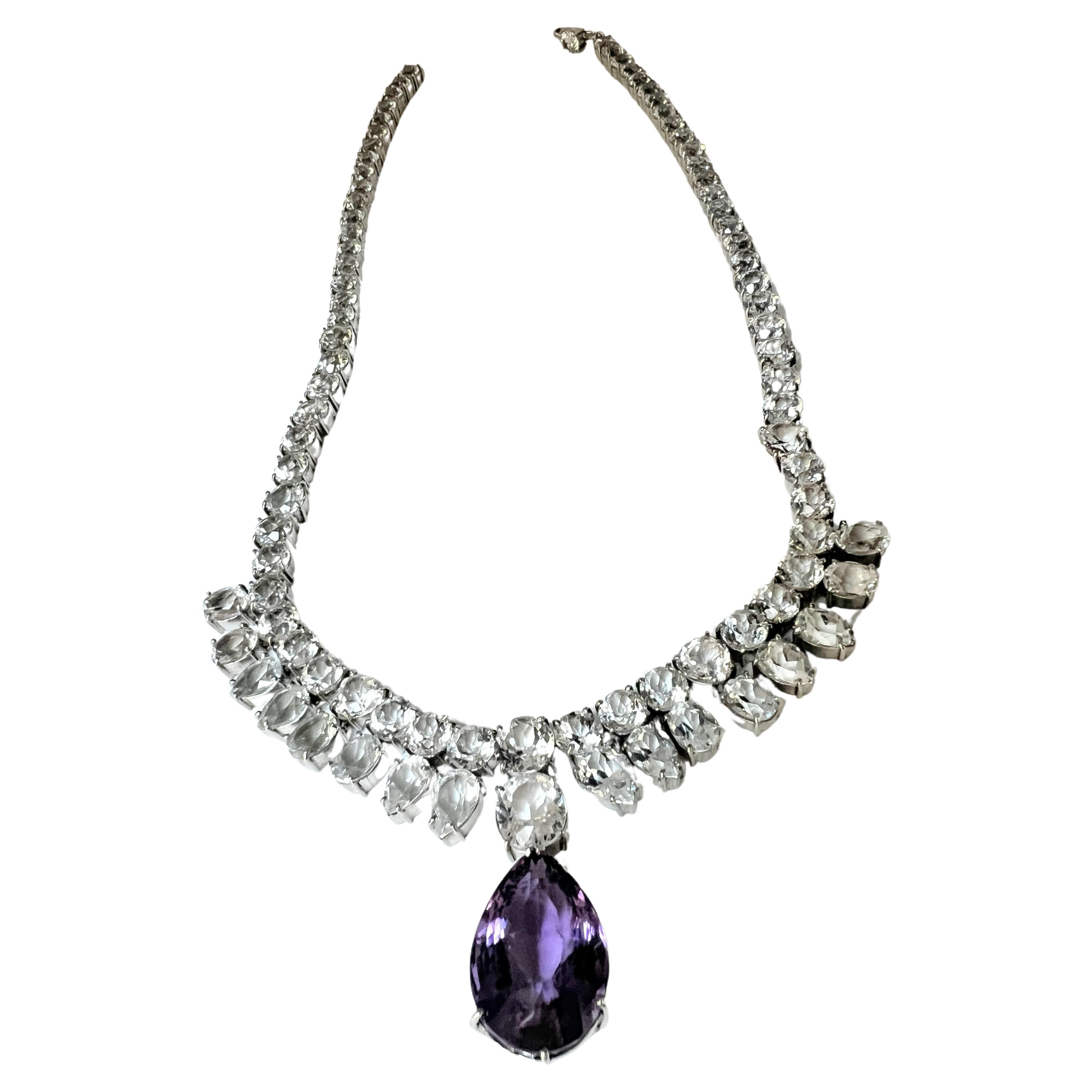 Artisan 10ct Pear Cut Amethyst and Topaz Necklace Platinum-Coated Sterling Silver For Sale