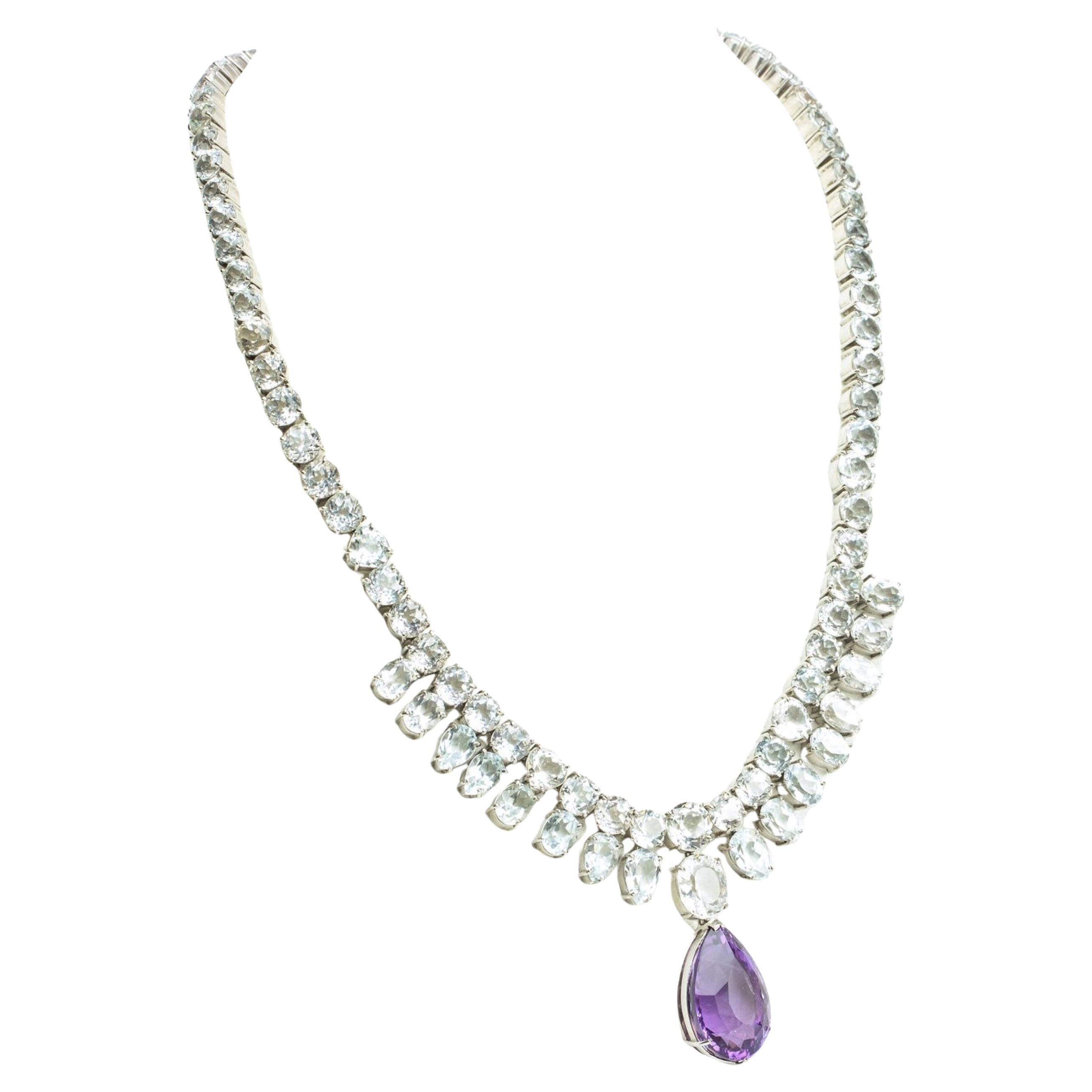 10ct Pear Cut Amethyst and Topaz Necklace Platinum-Coated Sterling Silver