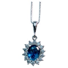 2.0ct  Oval Natural Blue Sapphire Platinum Silver Necklace 