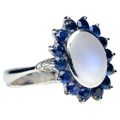 2.5ct Oval Moonstone 7ctw Natural Blue Sapphire cocktail Ring