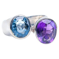 3ct Round Cut Blue Topaz and 3ct Purple Amethyst Platinum Silver Cocktail Ring