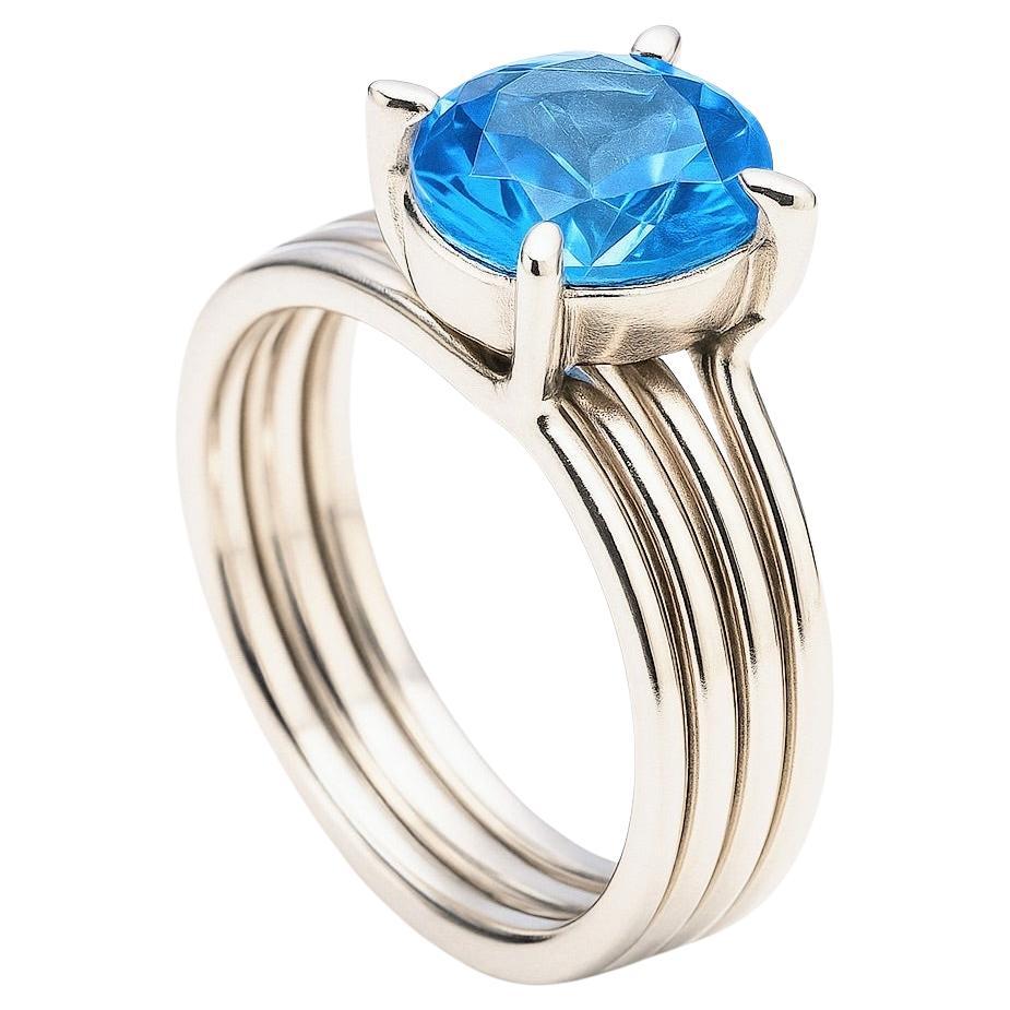 Round Cut 1ct Round Blue Topaz Platinum Silver Band Ring For Sale