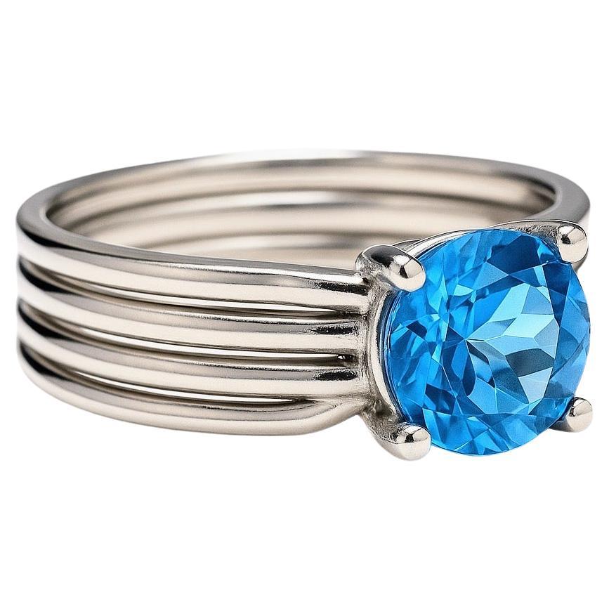 1ct Round Blue Topaz Platinum Silver Band Ring