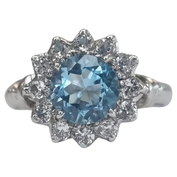 1ct Round Natural Blue Topaz Platinum Silver Ring