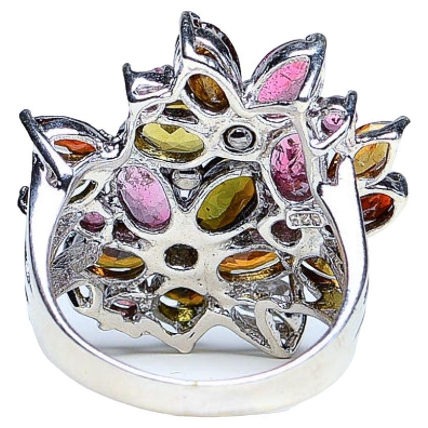 Contemporary Rainbow Multi Color Tourmaline Flower Cocktail Ring