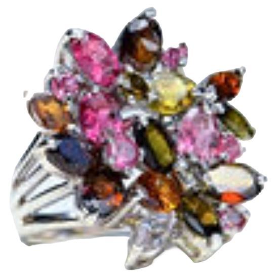 Oval Cut Rainbow Multi Color Tourmaline Flower Cocktail Ring