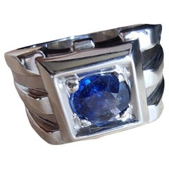 1.5ct Round Natural Blue Sapphire Signet Platinum Silver Ring 