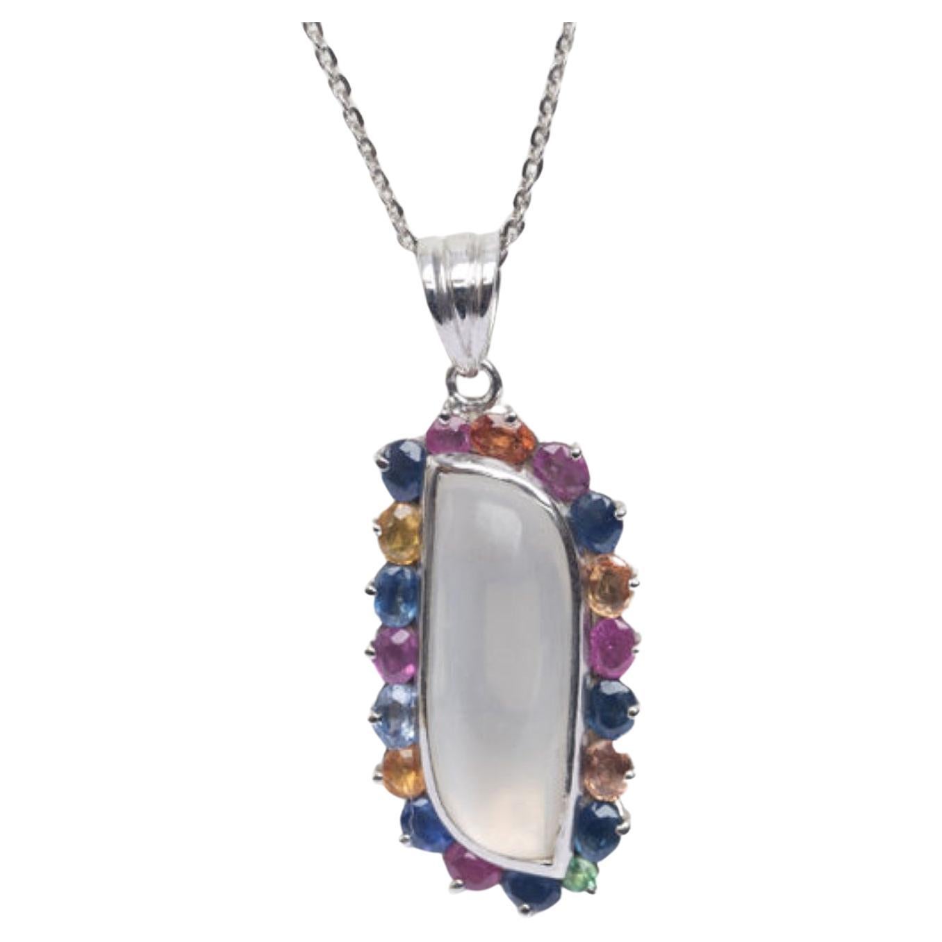 6ct Moonstone Surrounded by Multiple Colored Sapphires Pendant Necklace For Sale