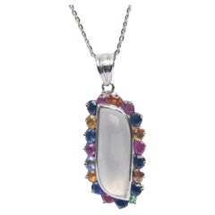 6ct Moonstone Surrounded by Multiple Colored Sapphires Pendant Necklace