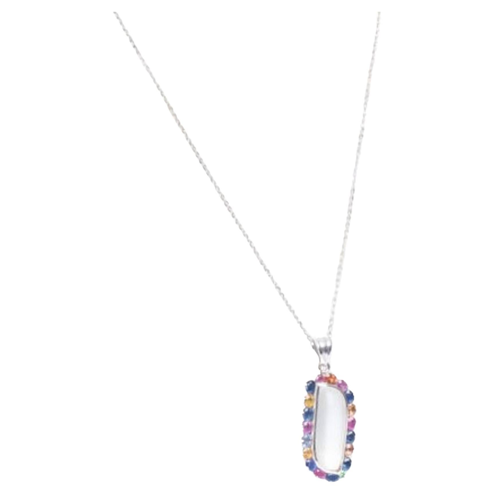 Round Cut 6ct Moonstone Surrounded by Multiple Colored Sapphires Pendant Necklace For Sale
