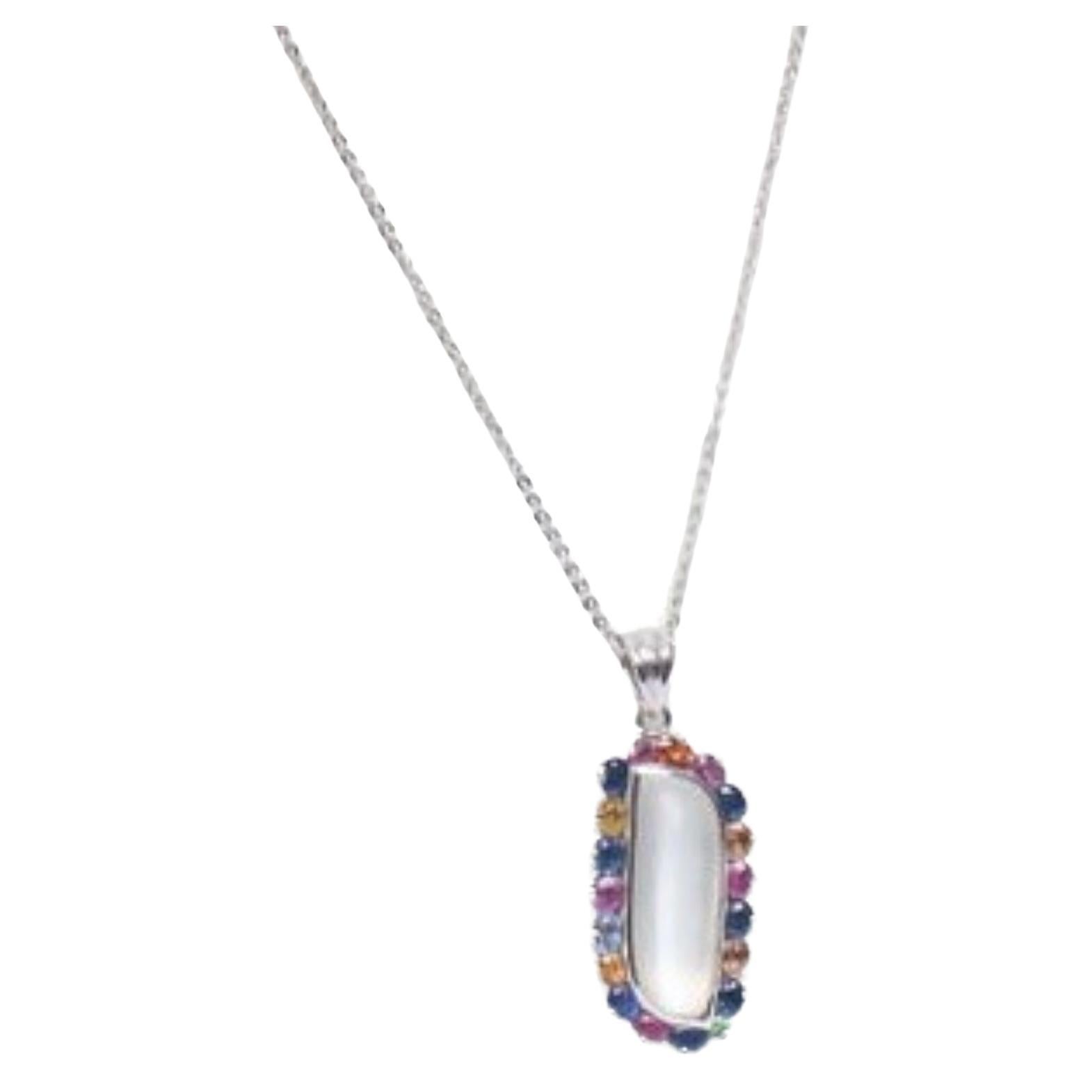 Artisan 6ct Moonstone Surrounded by Multiple Colored Sapphires Pendant Necklace For Sale