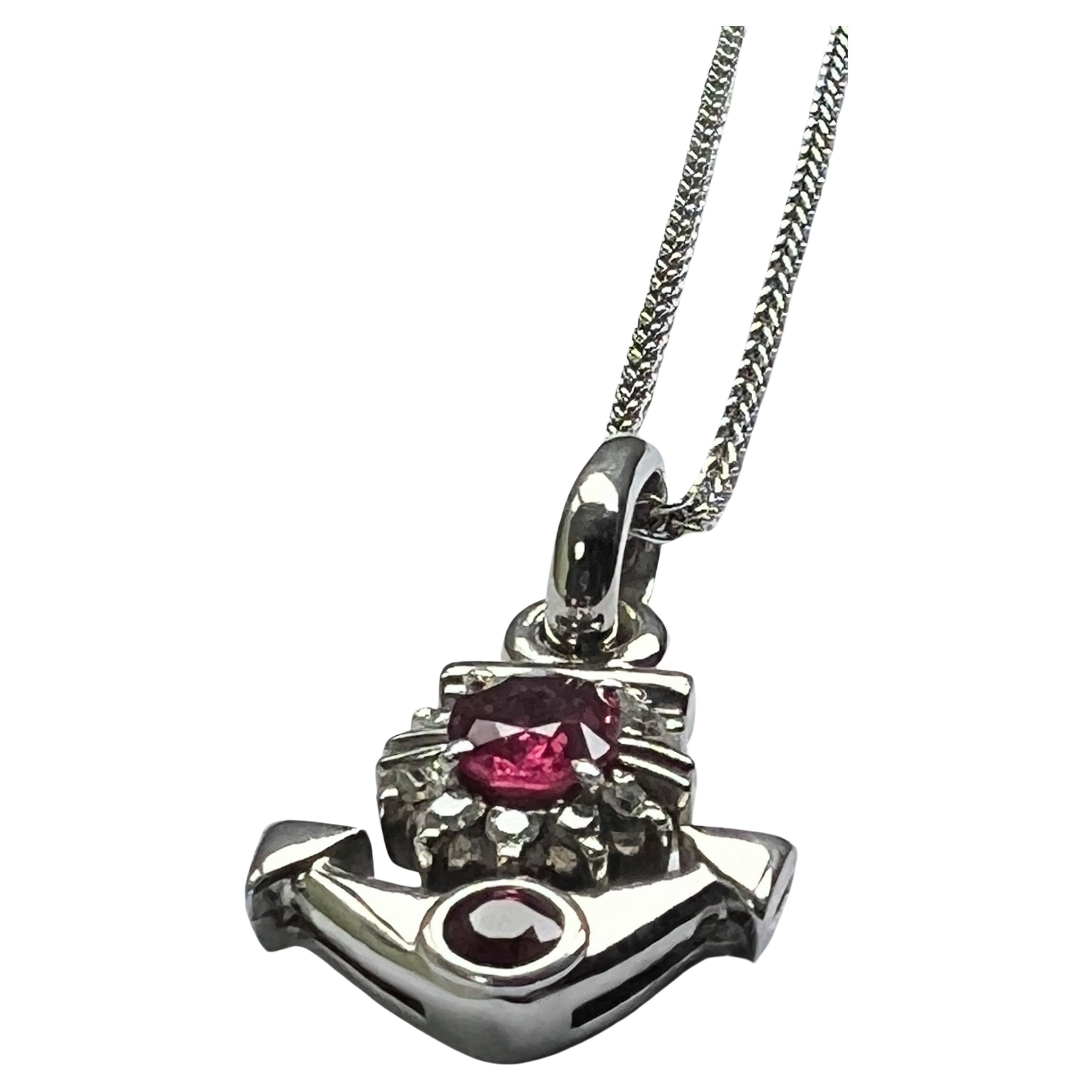 Art Nouveau Certified 1.5ctw Natural Ruby and Diamond Platinum Anchor Pendant Necklace For Sale