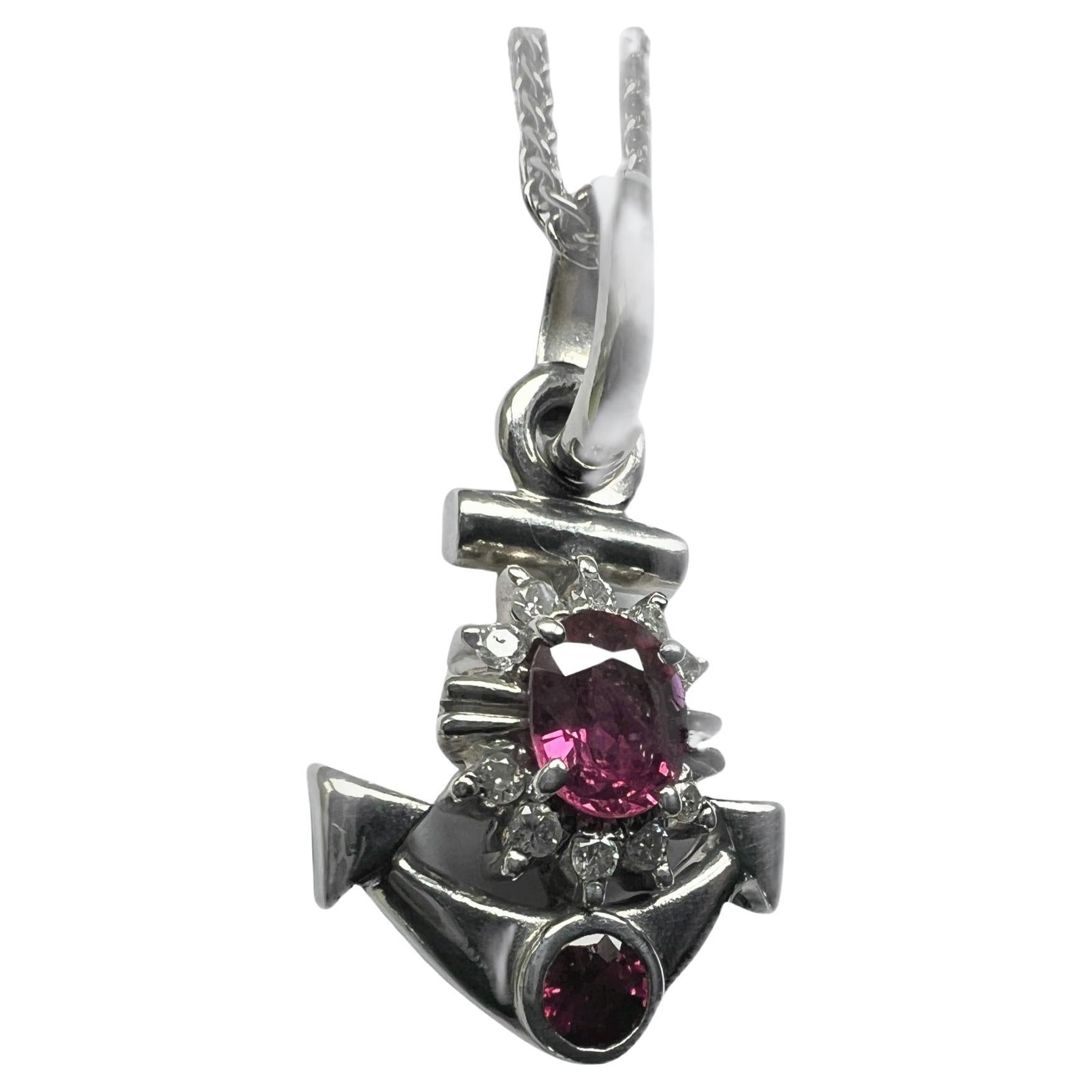 Certified 1.5ctw Natural Ruby and Diamond Platinum Anchor Pendant Necklace In New Condition For Sale In Sheridan, WY