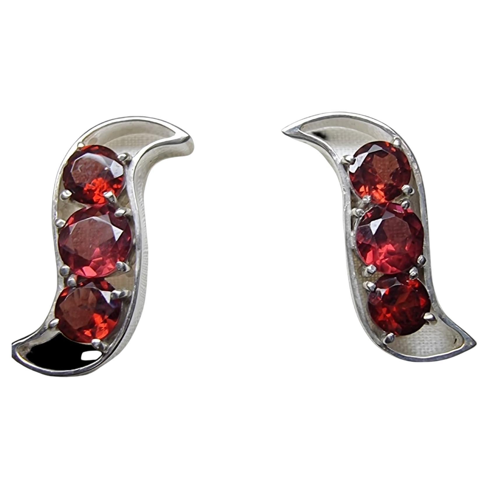 Artisan 3 Stone Red Garnet Stud Earrings For Sale