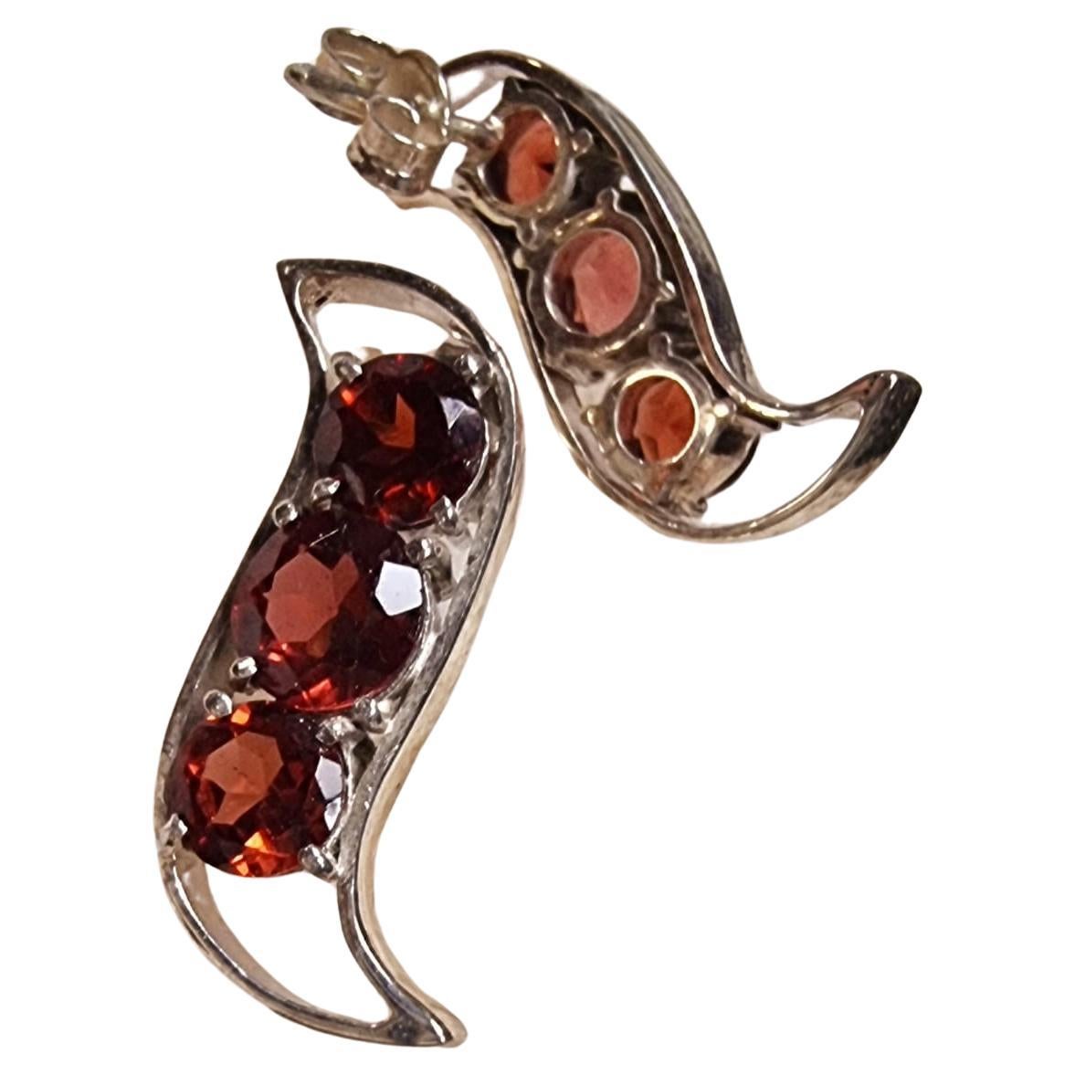 3 Stone Red Garnet Stud Earrings For Sale