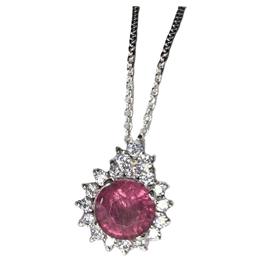 Round Cut 3ct Round Pink Natural Tourmaline Sterling Silver Pendant  For Sale