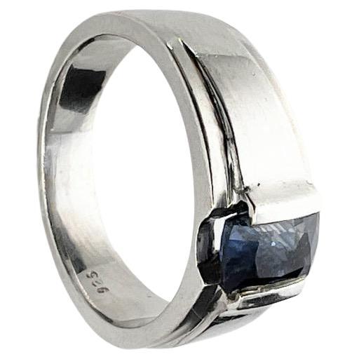 Classical Greek 2ct Rectangular Natural Blue Sapphire Dome Platinum Sterling Silver Ring For Sale