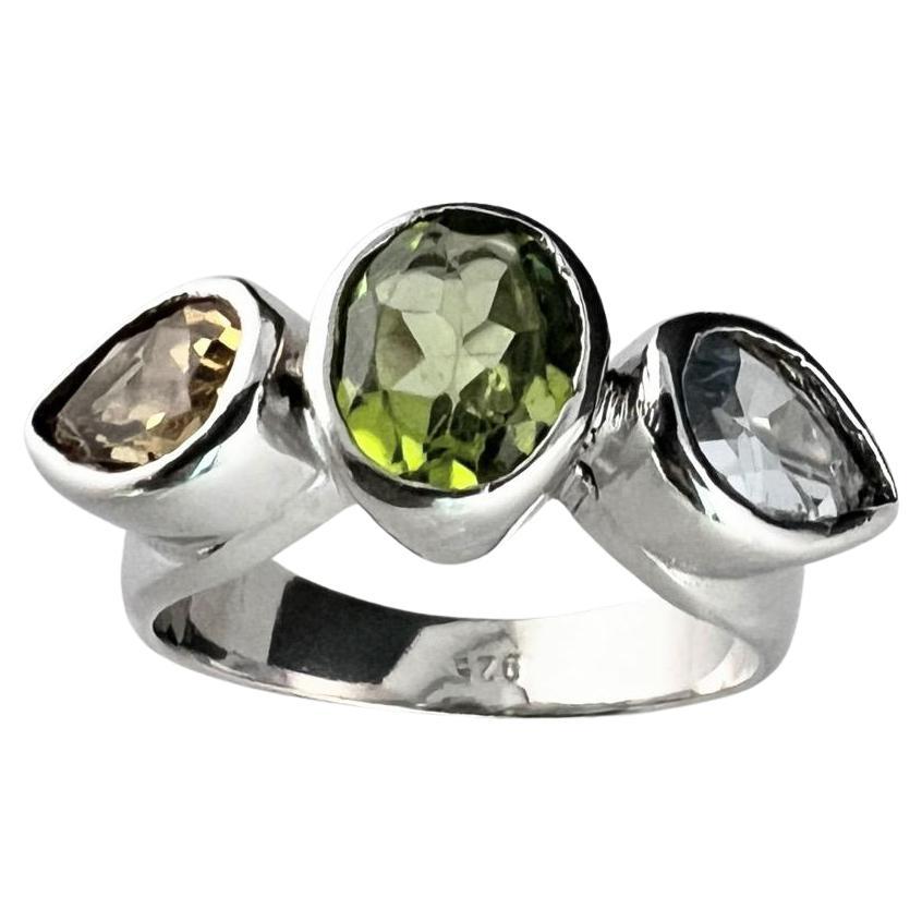 Women's or Men's Natural Three Stone Dome Ring: Peridot, citrine and Topaz Fusion For Sale