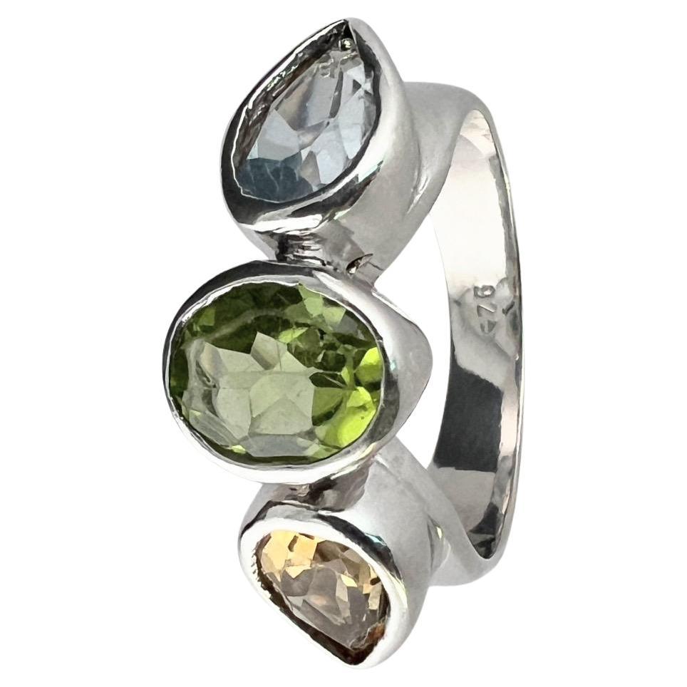 Mixed Cut Natural Three Stone Dome Ring: Peridot, citrine and Topaz Fusion For Sale