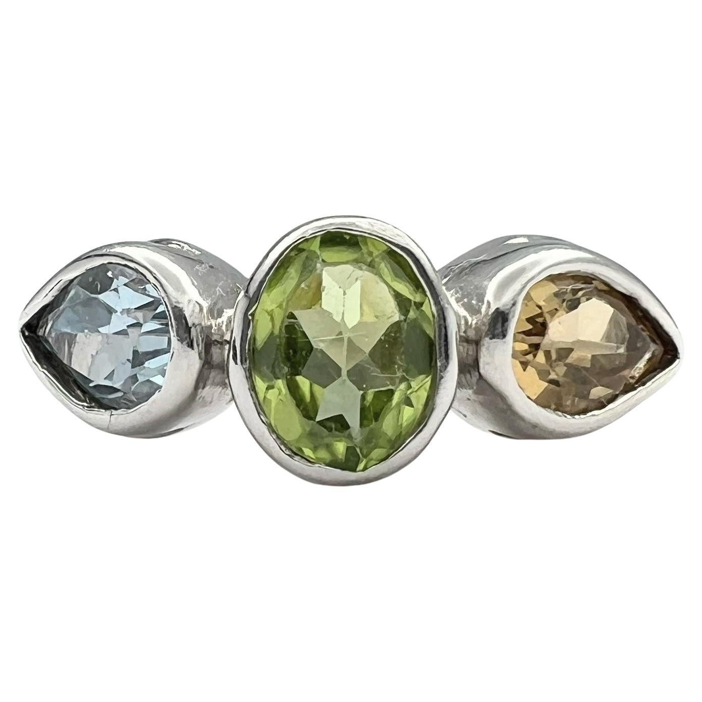 Artisan Natural Three Stone Dome Ring: Peridot, citrine and Topaz Fusion For Sale