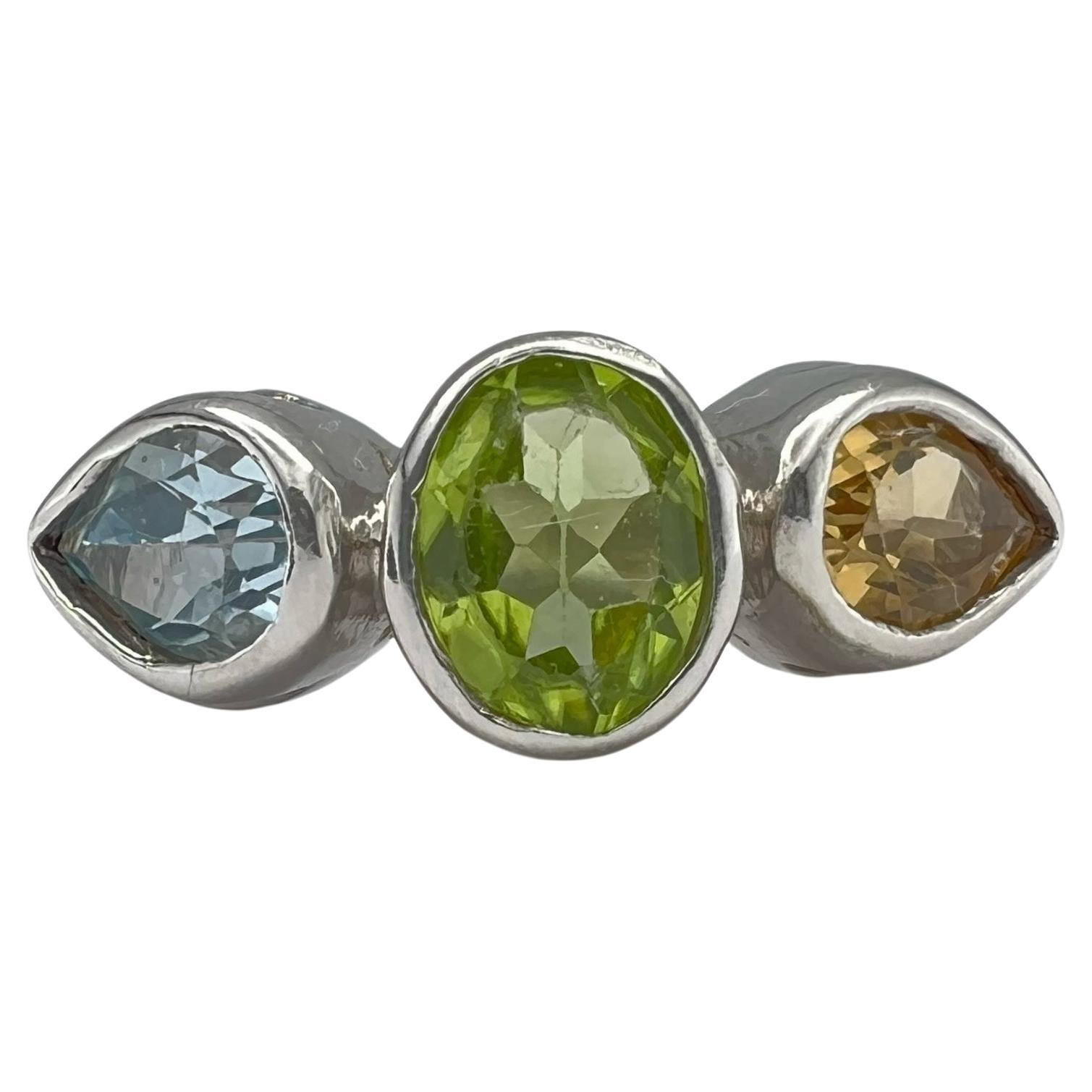 Natural Three Stone Dome Ring: Peridot, citrine and Topaz Fusion For Sale