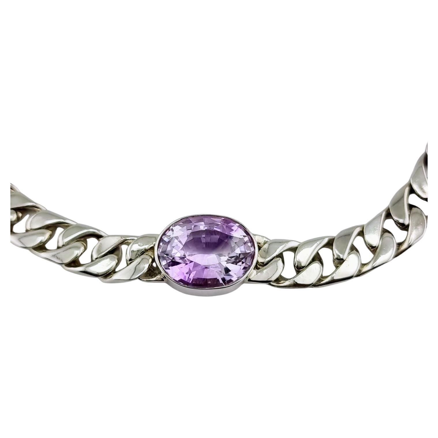 Women's or Men's 11.3ct Purple Amethyst Sterling Silver Curb-link Necklace For Sale