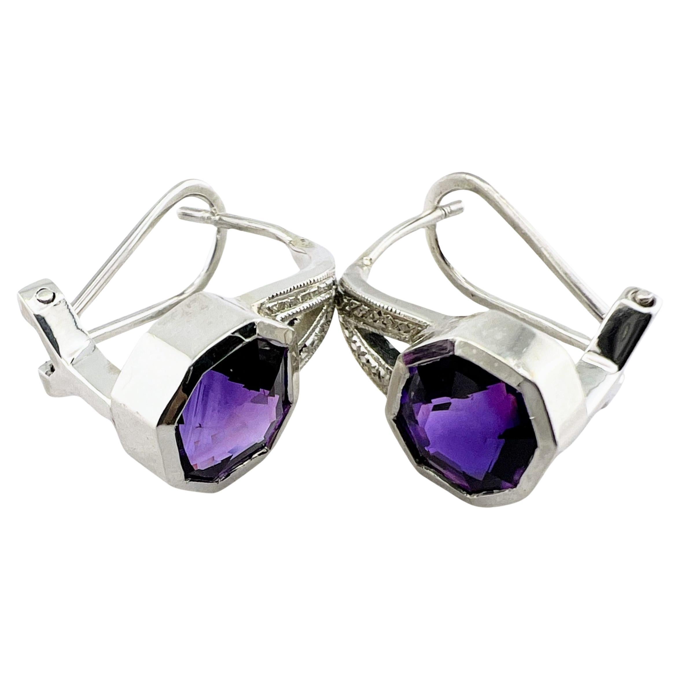 Emerald Cut 4.07ctw Amethyst Lever Back Earrings in Sterling Silver For Sale
