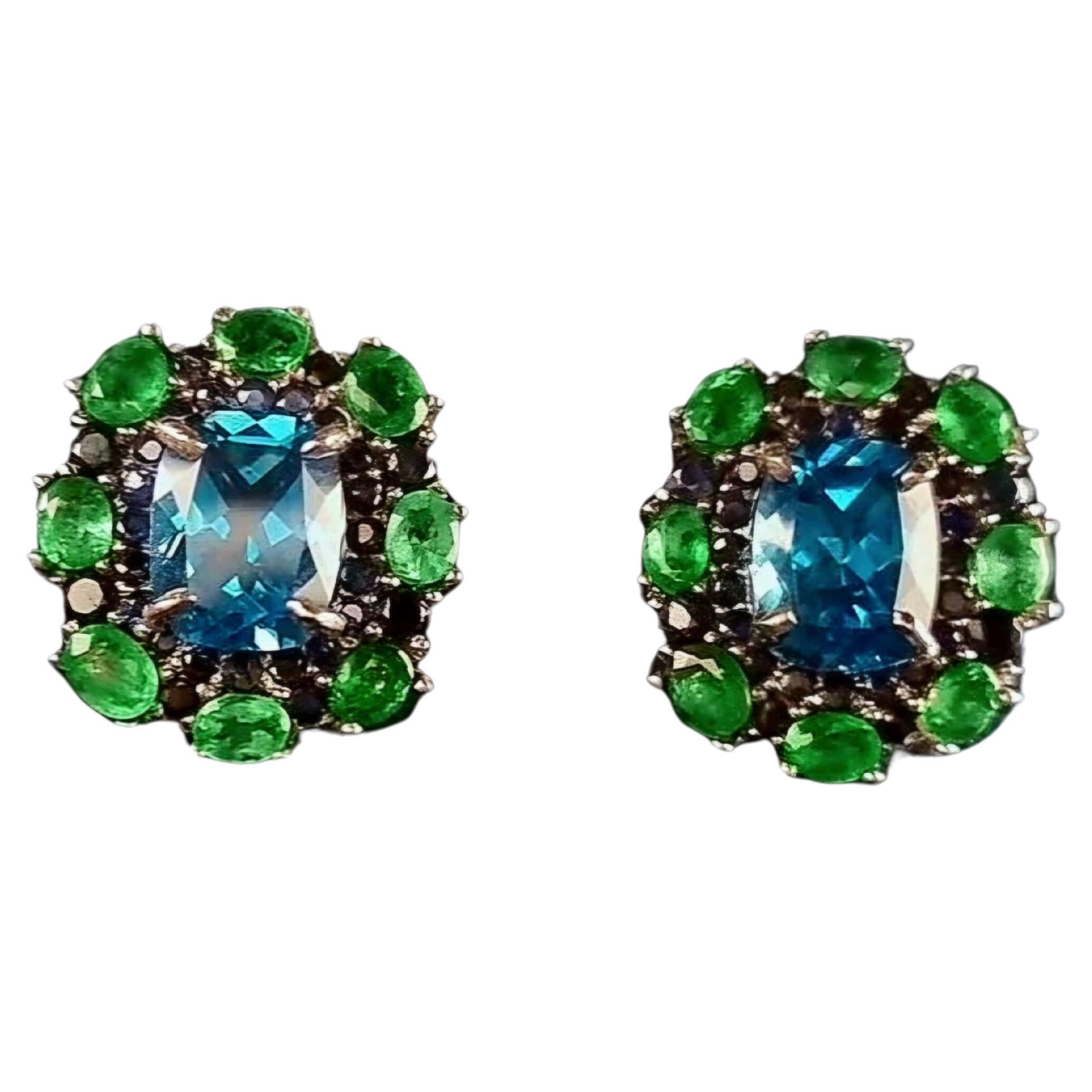 Custom Platinum Blue Topaz Natural Emerald & Sapphire Lever-Back Earring For Sale