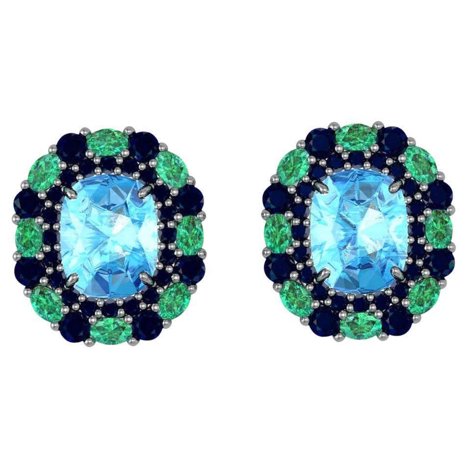Custom Swiss Blue Topaz Emerald and Sapphire Lever-Back Platinum Earrings For Sale