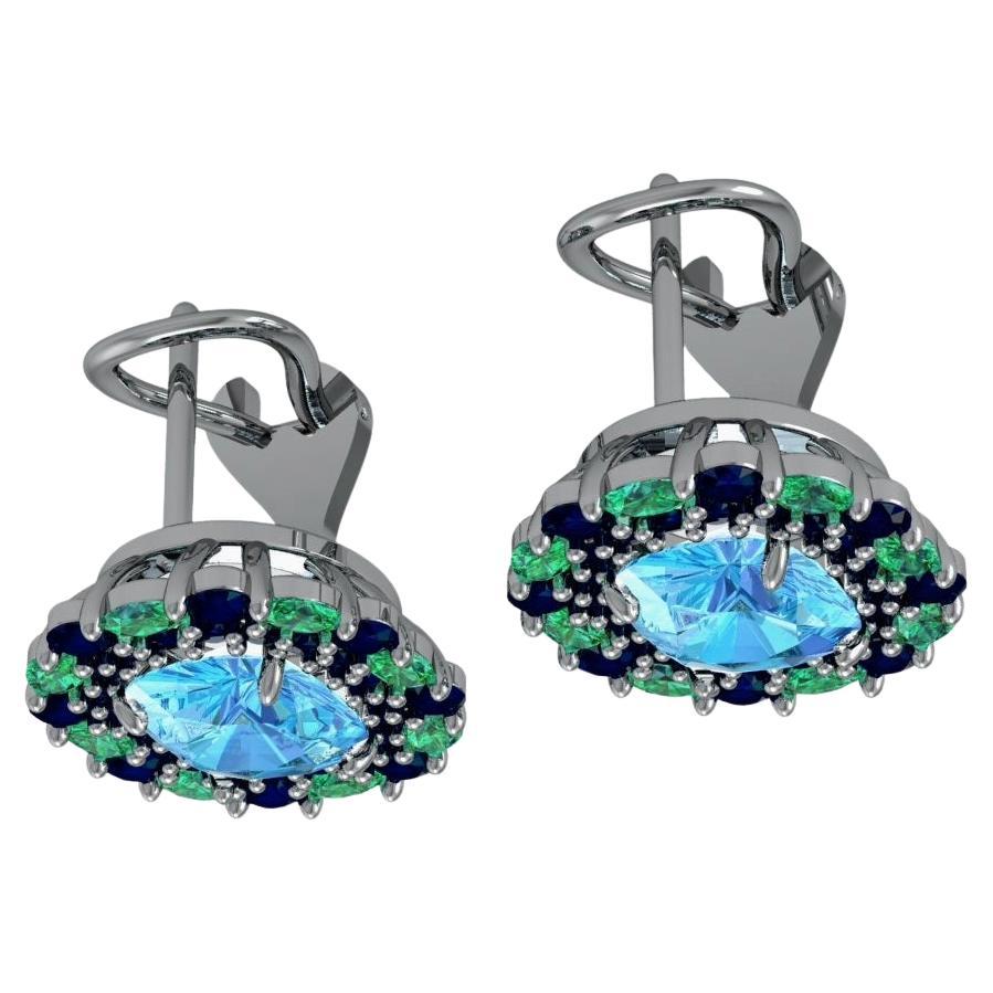 Modern Custom Swiss Blue Topaz Emerald and Sapphire Lever-Back Platinum Earrings For Sale