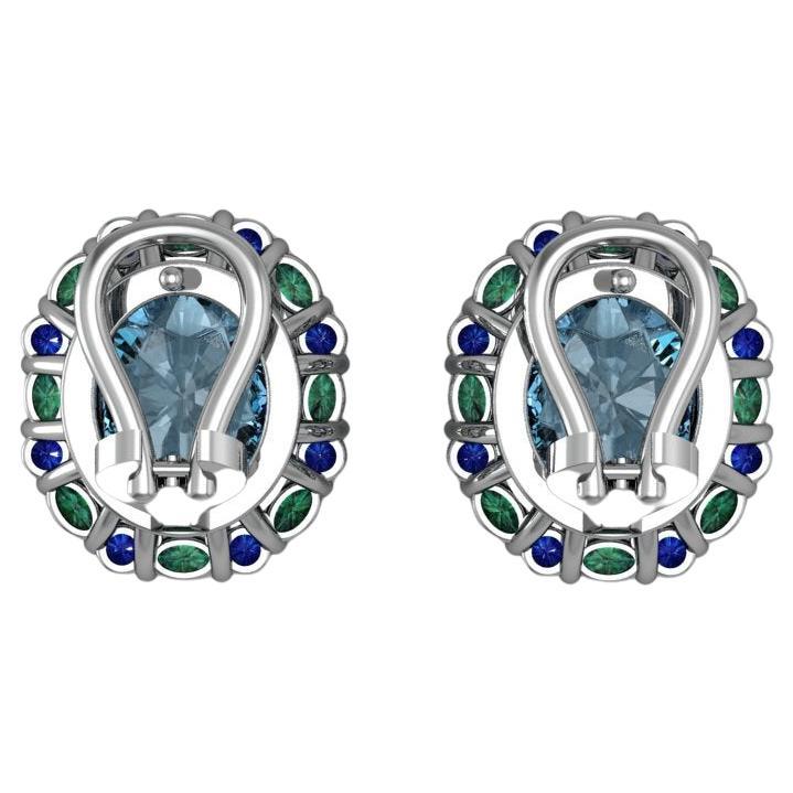 Mixed Cut Custom Swiss Blue Topaz Emerald and Sapphire Lever-Back Platinum Earrings For Sale