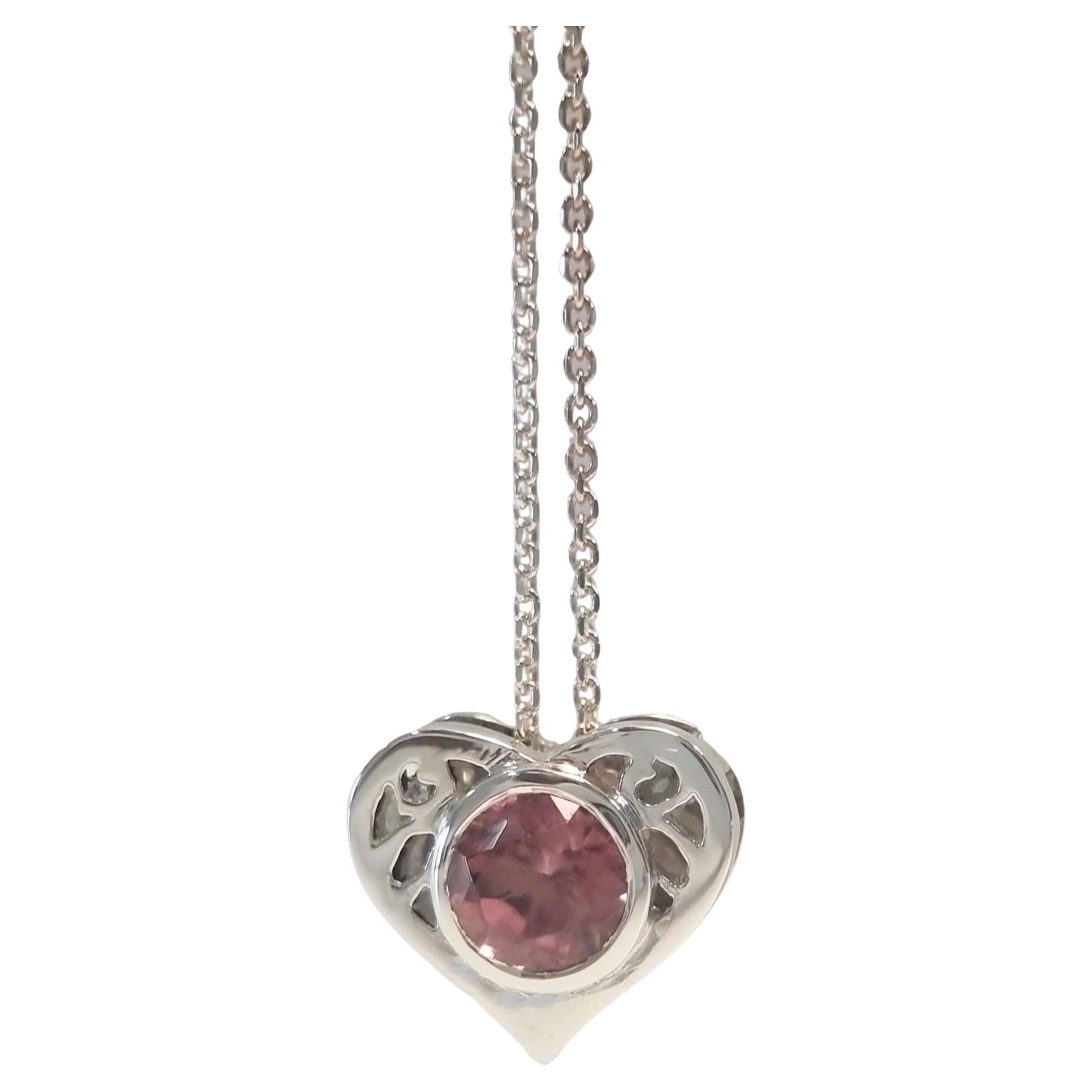 Sterling Silver Round Natural Pink Tourmaline Heart Necklace Pendant For Sale 1