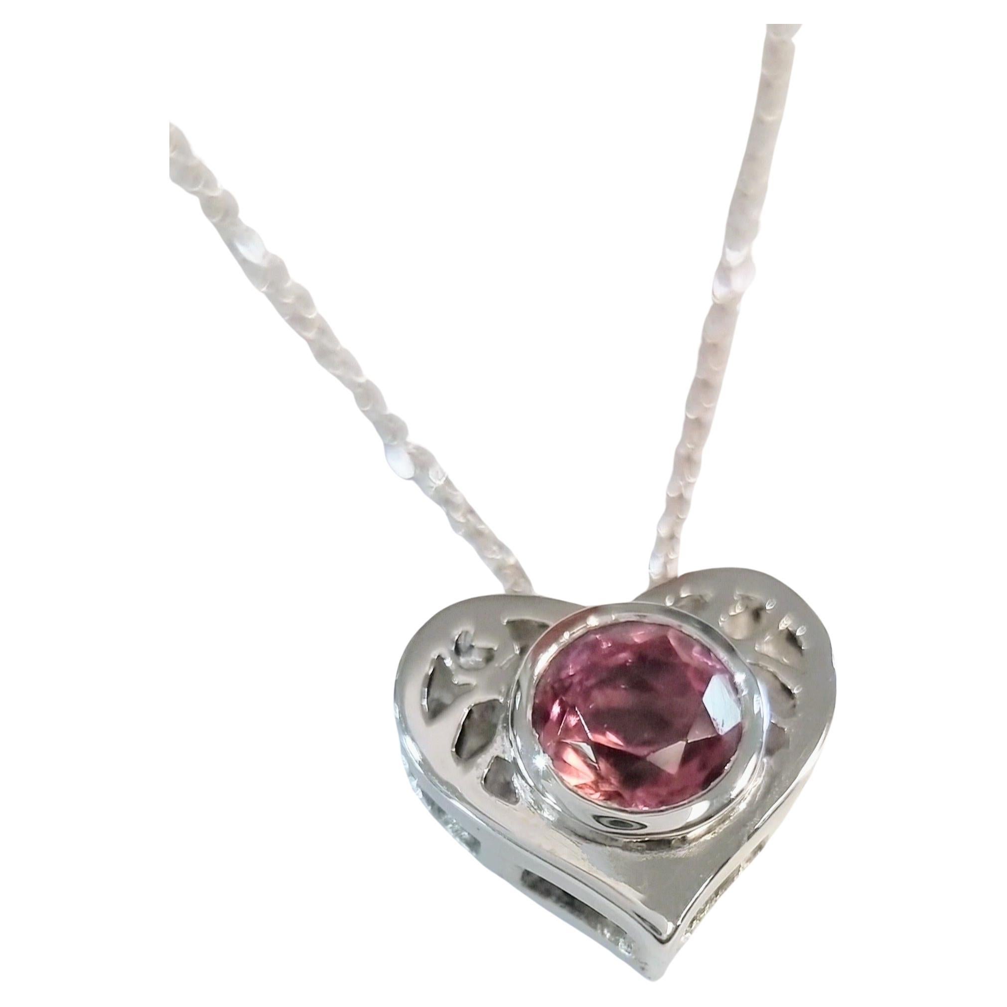 Women's or Men's Sterling Silver Round Natural Pink Tourmaline Heart Necklace Pendant For Sale