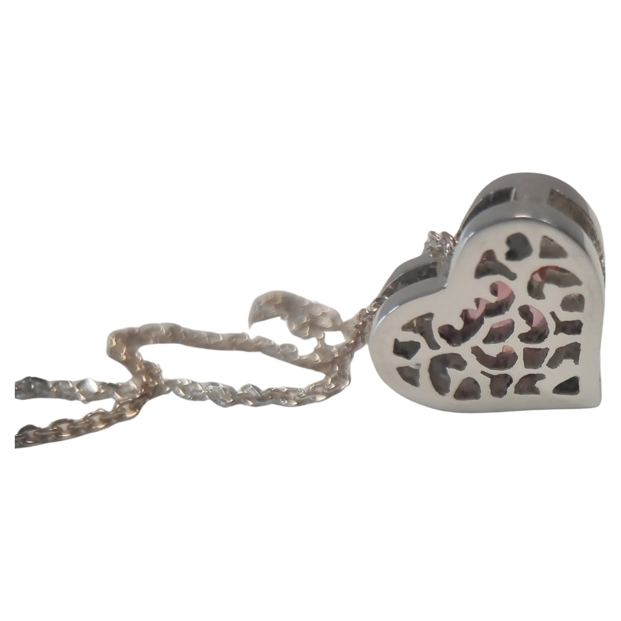 Sterling Silver Round Natural Pink Tourmaline Heart Necklace Pendant For Sale 2