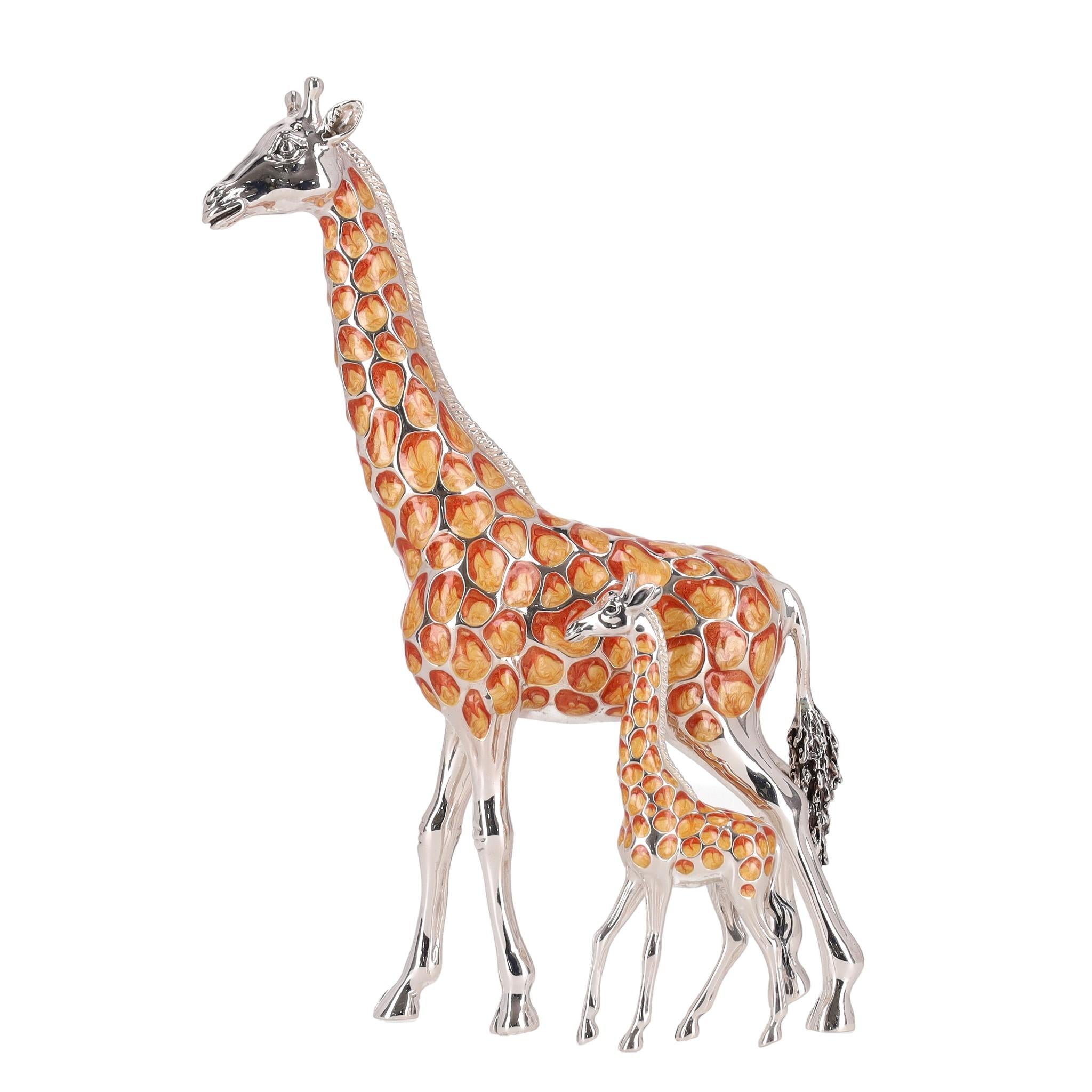 Beige Saturno Set Of Two Hand Enamelled 925 Sterling Silver Giraffe Ornaments For Sale