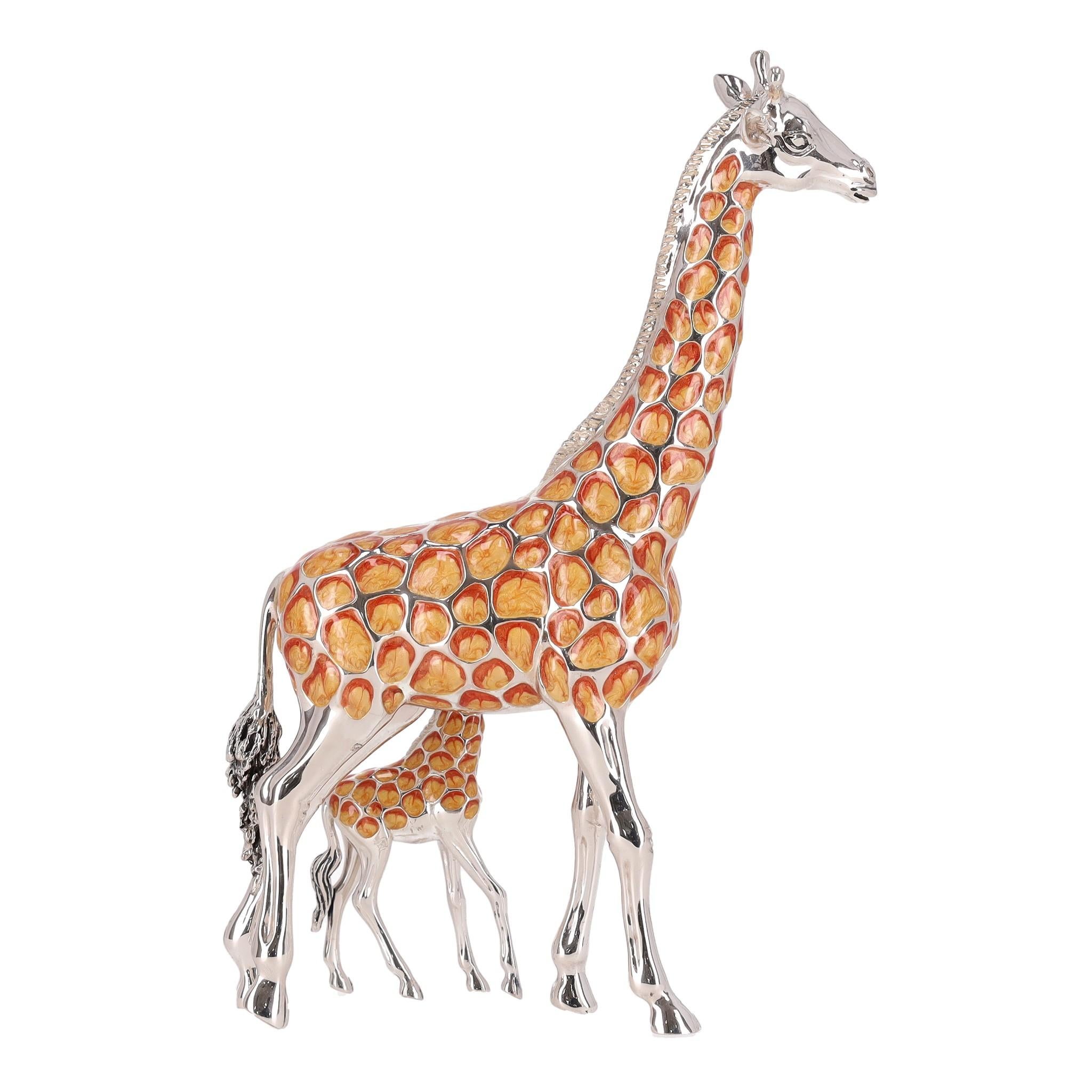 Women's Saturno Set Of Two Hand Enamelled 925 Sterling Silver Giraffe Ornaments For Sale