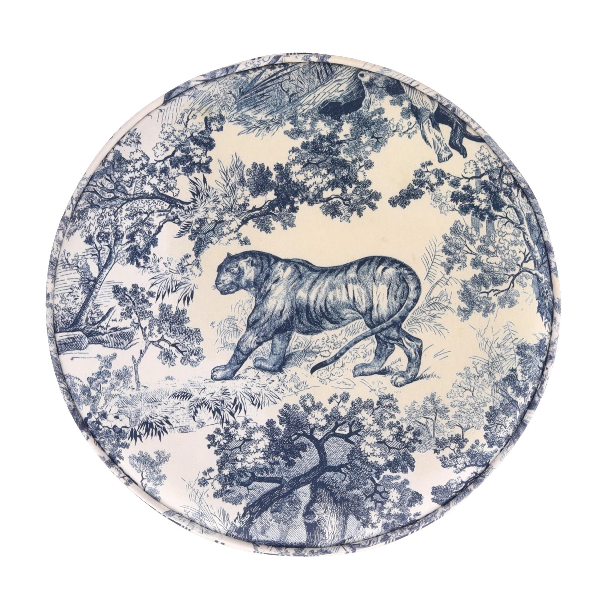 Gray Dior Toile de Jouy Beechwood Stool For Sale
