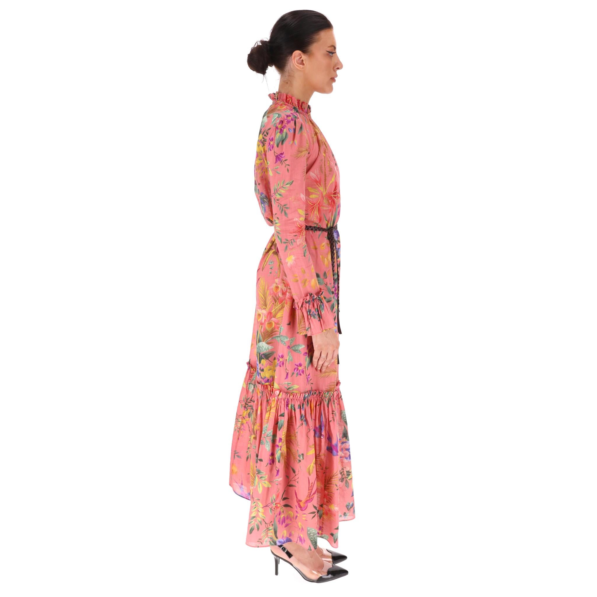 Rose Zimmermann - Robe longue en voile de coton à volants et imprimé floral en vente