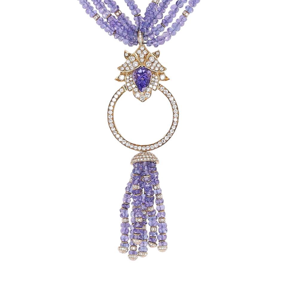 Asprey'S Lotus Collection'S Tansanit & Diamant Lotus Halskette in 18k Gelbgold im Zustand „Hervorragend“ im Angebot in London, GB