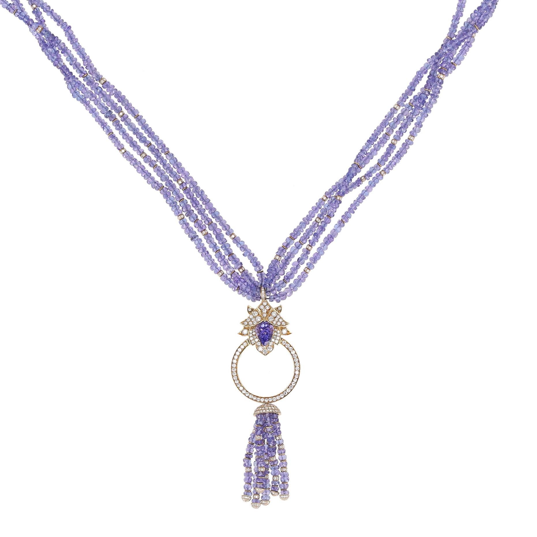 Asprey'S Lotus Collection'S Tansanit & Diamant Lotus Halskette in 18k Gelbgold (Gemischter Schliff) im Angebot