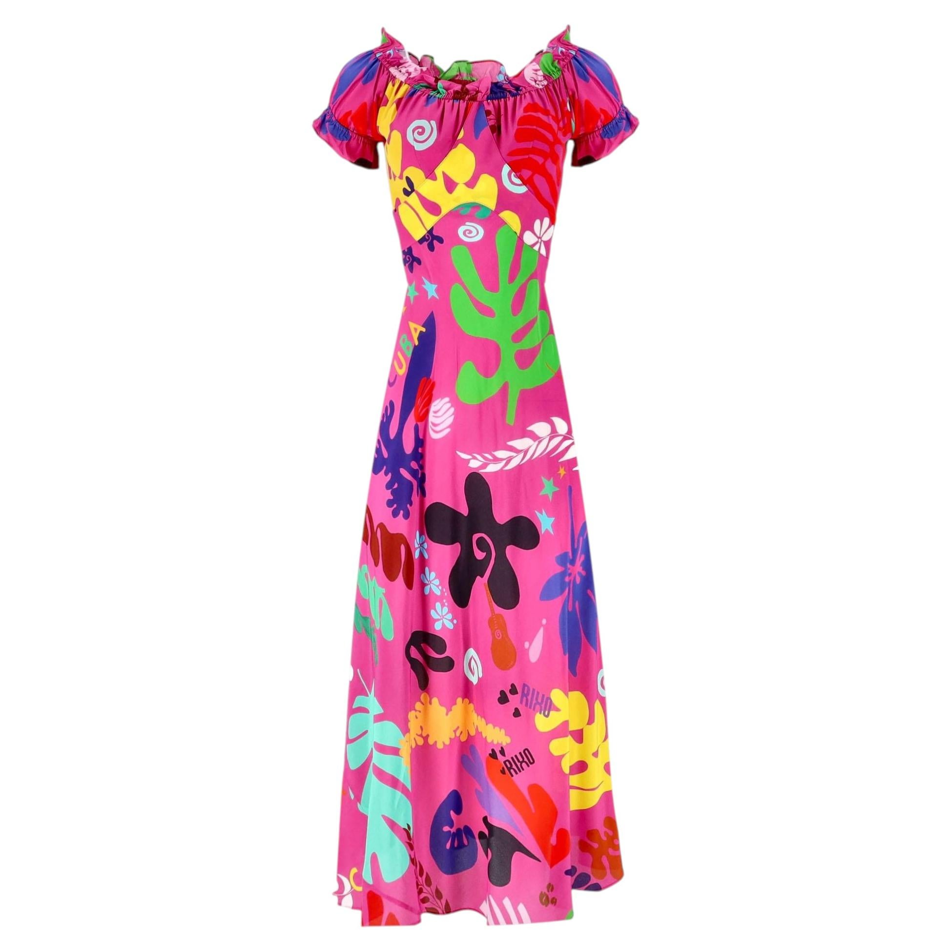 RIXO Issy Cuba Abstract Print Silk Maxi Dress For Sale