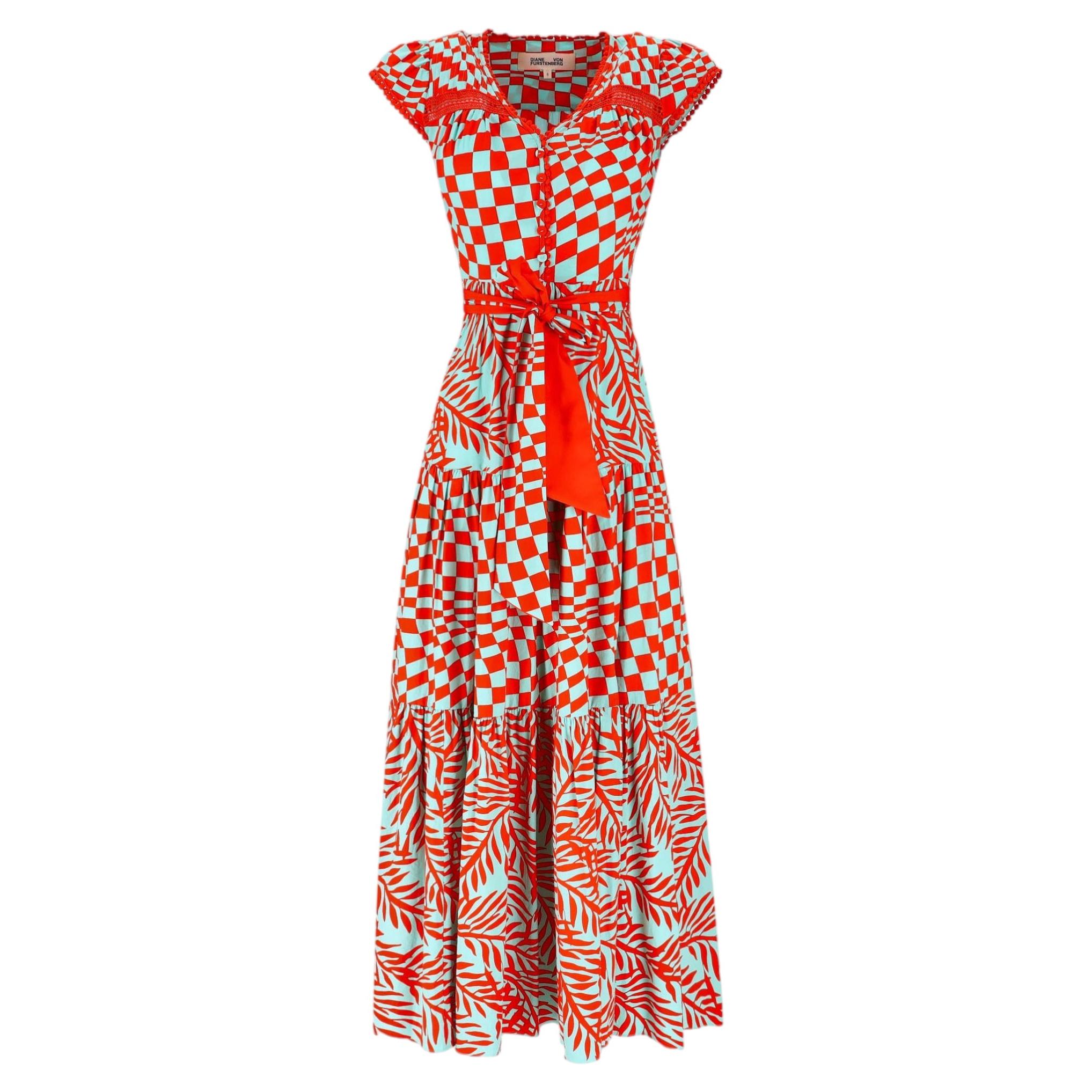 Diane Von Furstenberg Cotton Checkboard Pattern Belted Dress For Sale