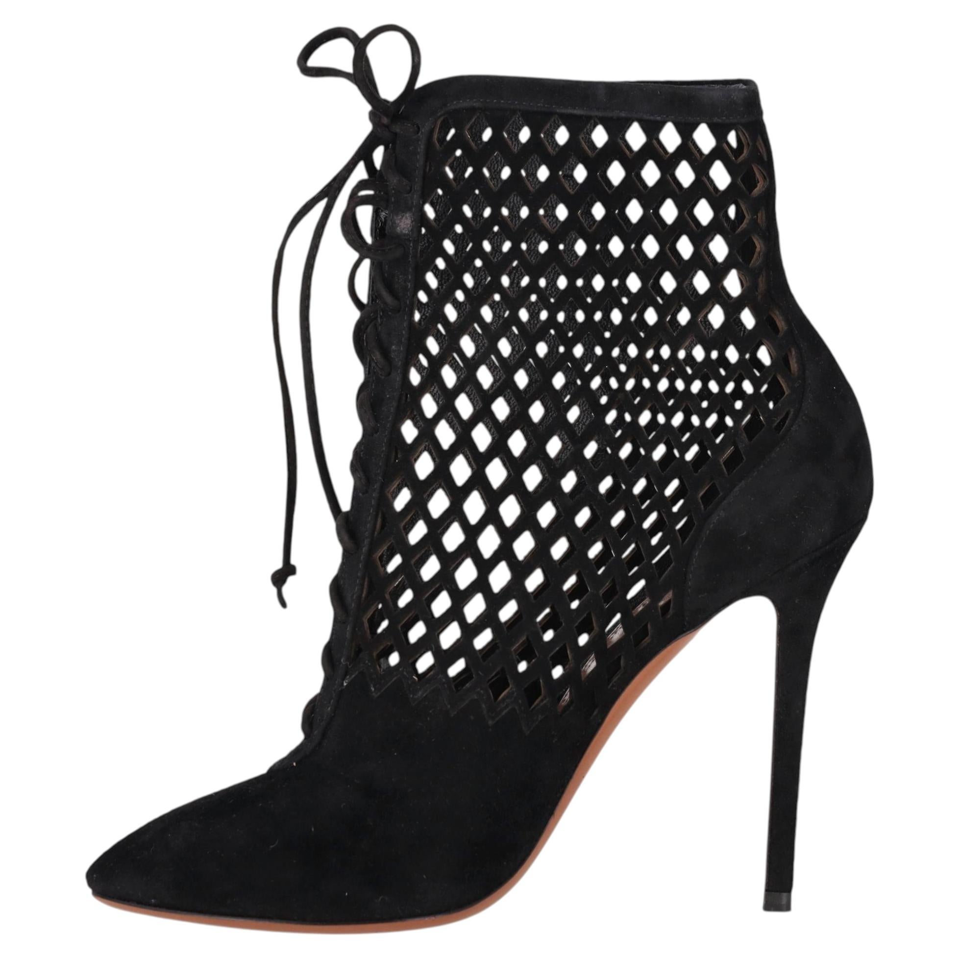 Pre-owned Alaïa Alaia Suede Laser-cut Caged Ankle Boots In Black