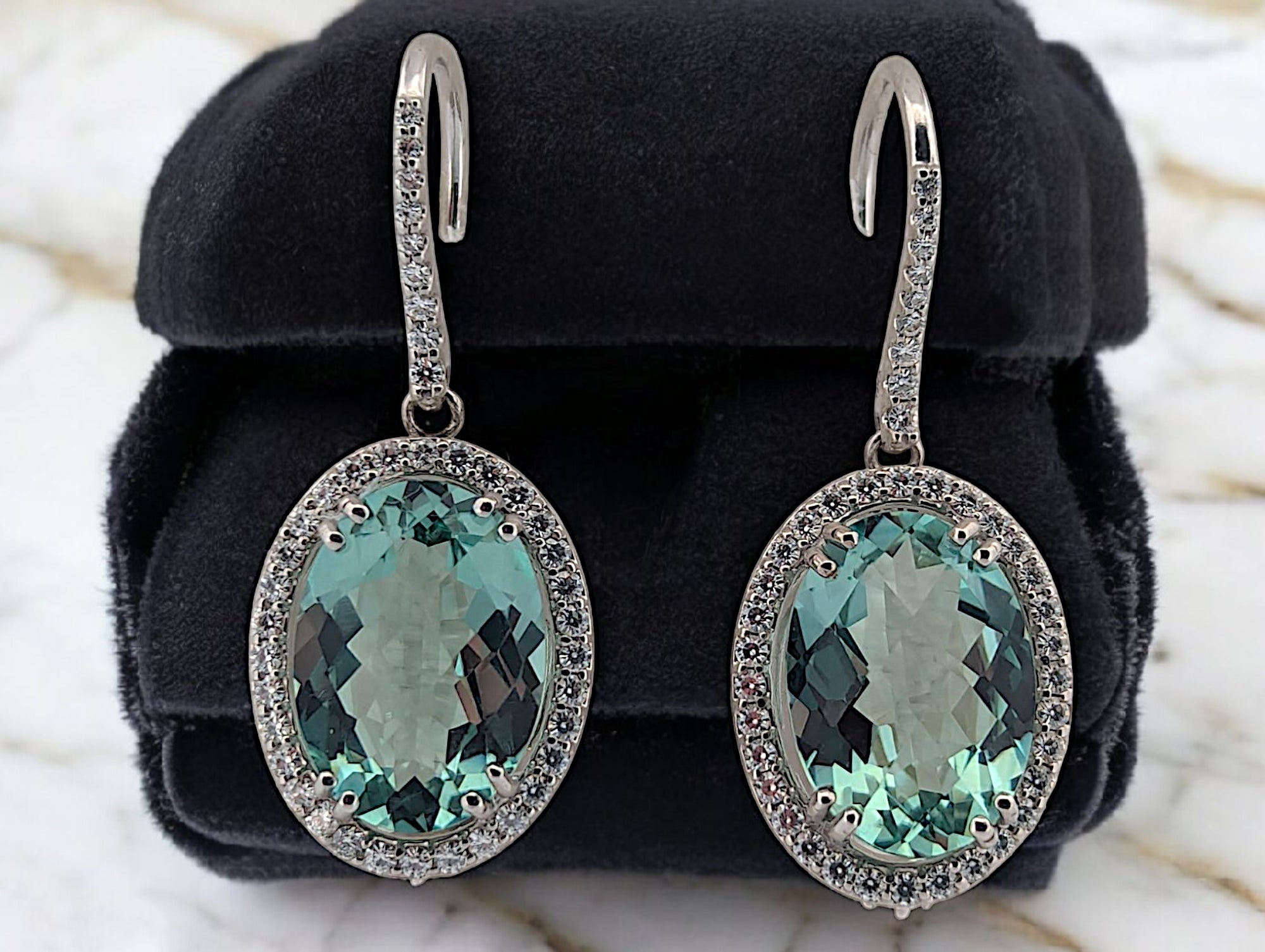 Aurora  14k White Gold Amethyst Earrings with Moissanite Halo – 1¼" For Sale