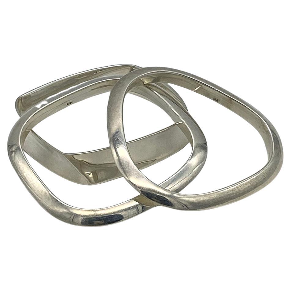 Geometric Sterling Silver Bangles Set For Sale