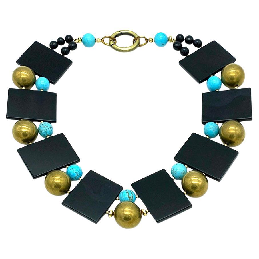 Onyx Slab w/Turquoise & Brass Necklace For Sale