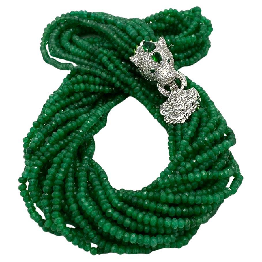 Bead Jade Multi-Strand Necklace with Leopard Clasp  For Sale